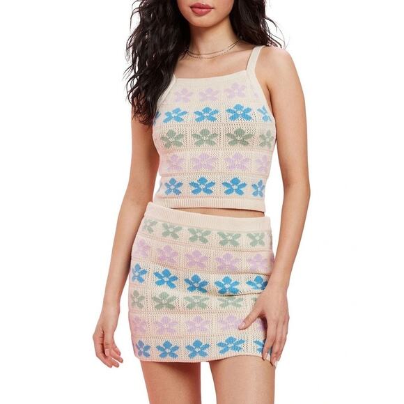 American Eagle Floral Knit Sweater Mini Skirt Cream S Boho Y2K Dopamine Coquette - Picture 2 of 8